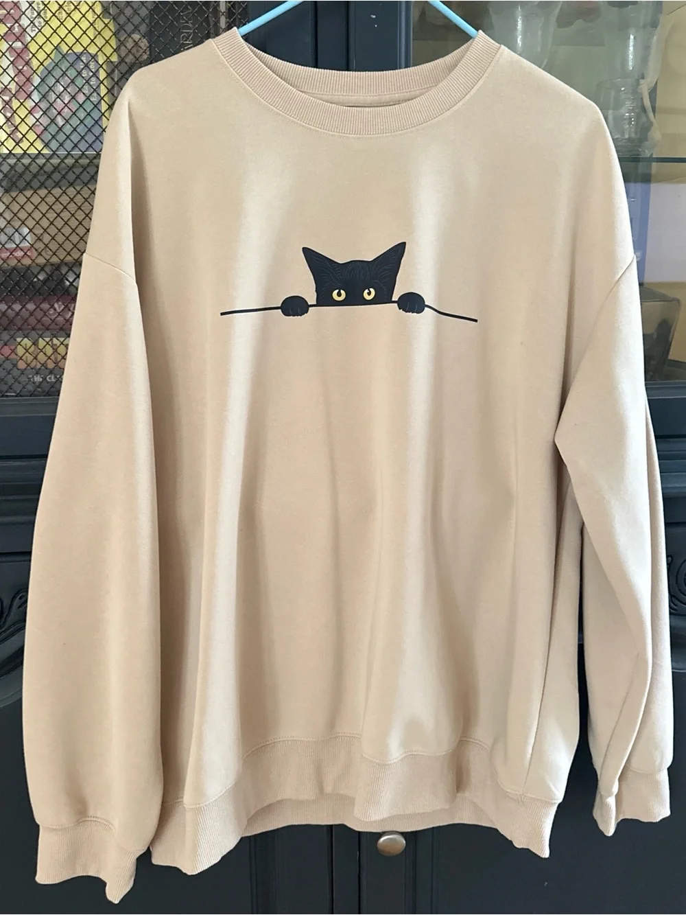 🫐 2/&25 DEAL - Beige Cat Peekaboo Sweatshirt - Cute Black Cat Graphic